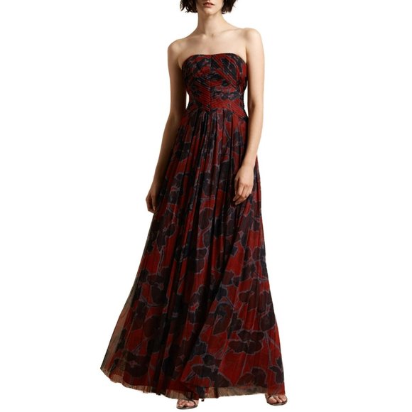NWT Halston Strapless Floral Print Pleated Gown Maxi Dress - Picture 2 of 7